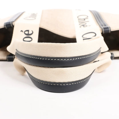 CHLOE Woody Large Canvas & Leather Tote Shoulder bag in Black x Beige