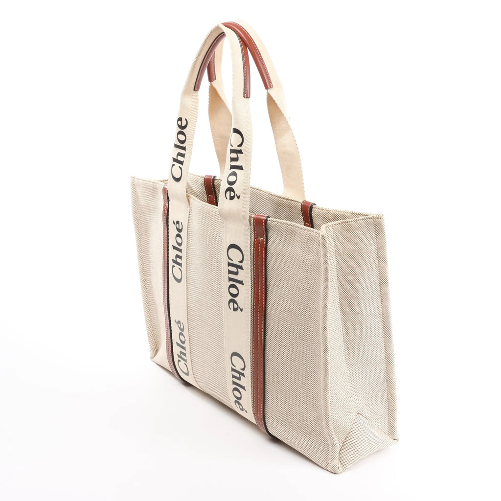 CHLOE Woody Large Canvas & Leather Tote Shoulder bag in Beige x Brown