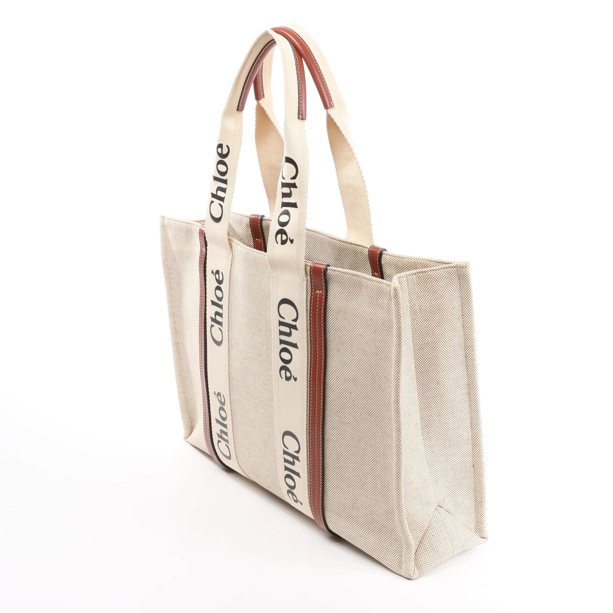 CHLOE Woody Large Canvas & Leather Tote Shoulder bag in Beige x Brown