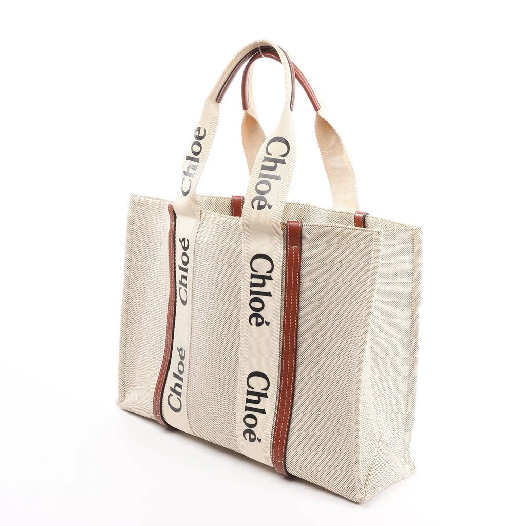 CHLOE Woody Large Canvas & Leather Tote Shoulder bag in Beige x Brown