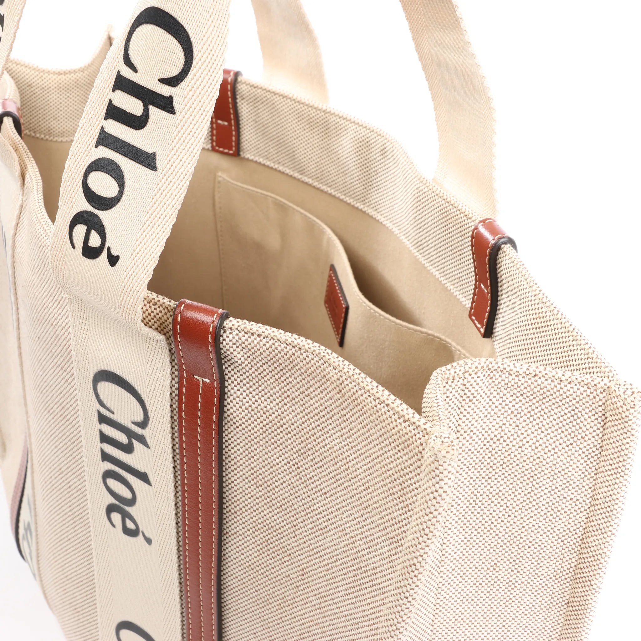 CHLOE Woody Large Canvas & Leather Tote Shoulder bag in Beige x Brown