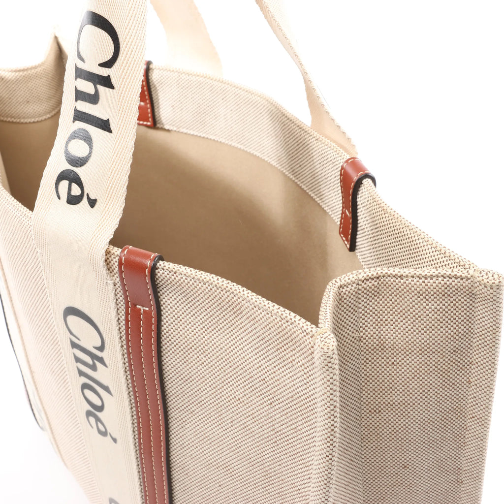 CHLOE Woody Large Canvas & Leather Tote Shoulder bag in Beige x Brown