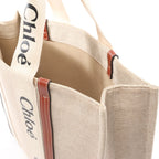 CHLOE Woody Large Canvas & Leather Tote Shoulder bag in Beige x Brown