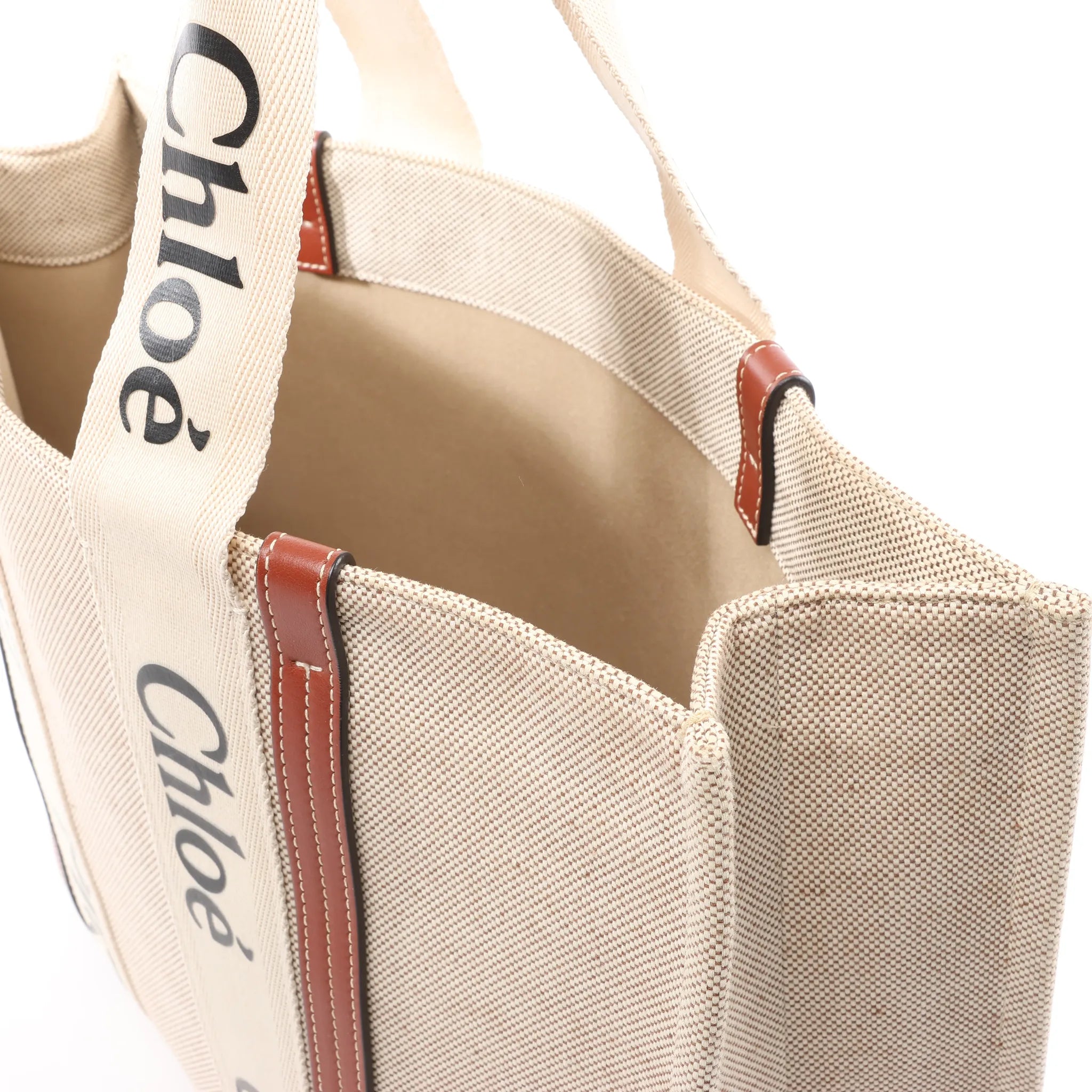 CHLOE Woody Large Canvas & Leather Tote Shoulder bag in Beige x Brown