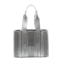 Metallic silver Chloé Woody Medium leather tote bag with perforated panels, wide shoulder handles and repeated Chloé logo detailing.