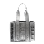 Metallic silver Chloé Woody Medium leather tote bag with perforated panels, wide shoulder handles and repeated Chloé logo detailing.