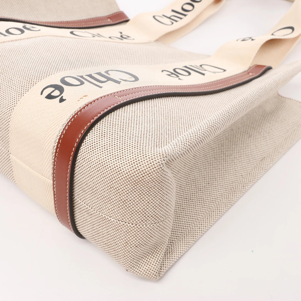 CHLOE Woody Medium Canvas x Leather Tote Shoulder bag in Beige x Brown