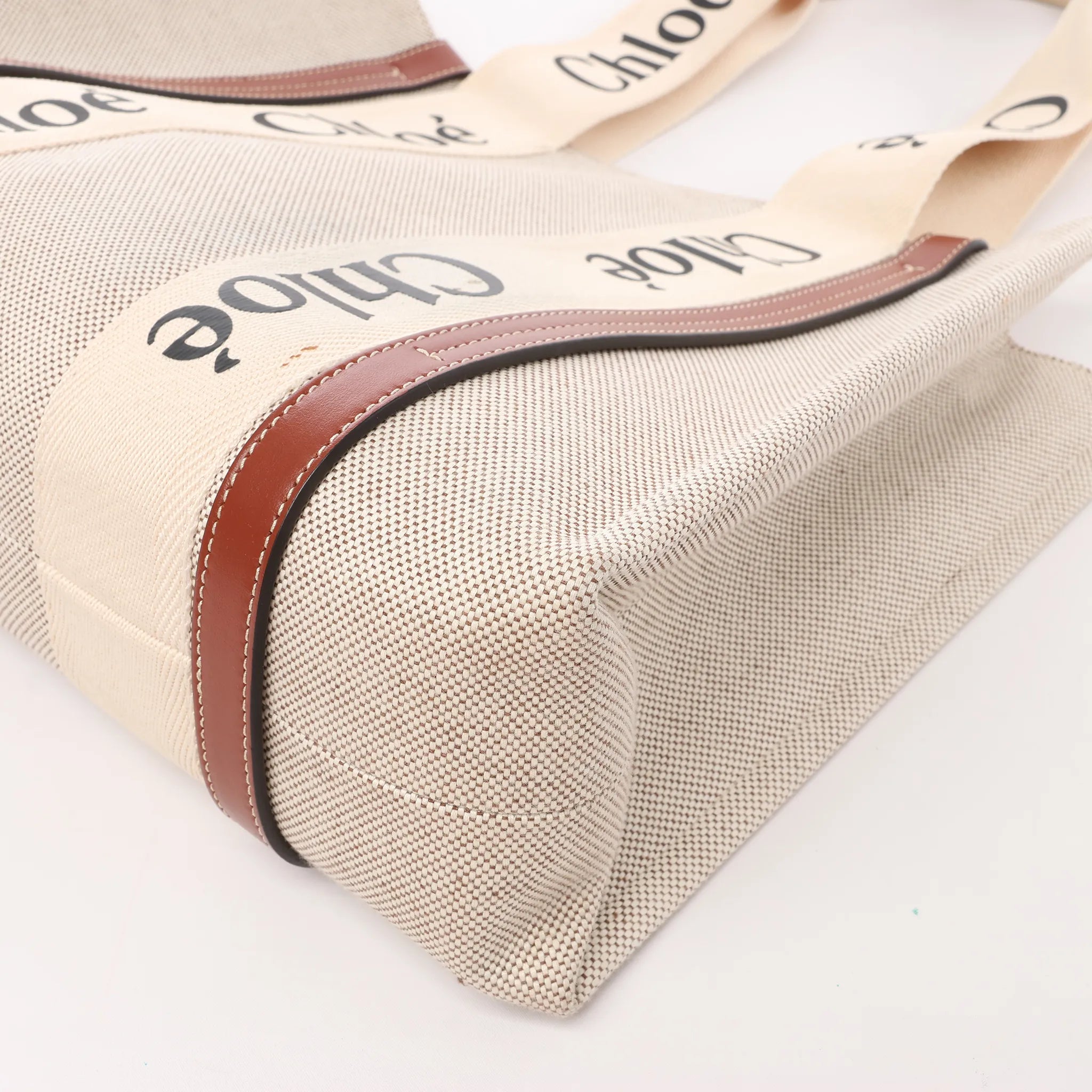 CHLOE Woody Medium Canvas x Leather Tote Shoulder bag in Beige x Brown