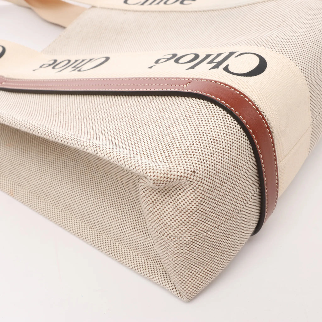 CHLOE Woody Medium Canvas x Leather Tote Shoulder bag in Beige x Brown