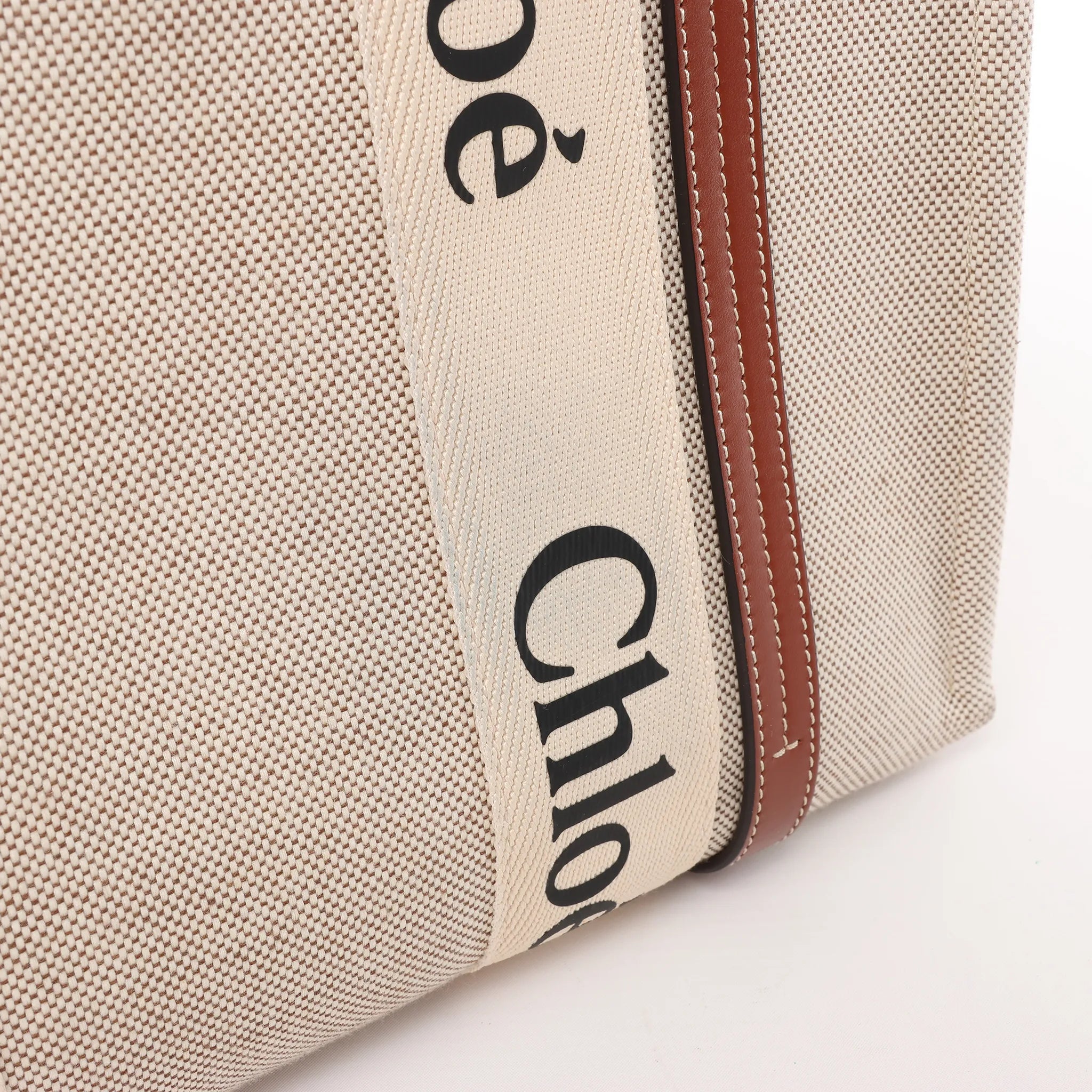 CHLOE Woody Medium Canvas x Leather Tote Shoulder bag in Beige x Brown