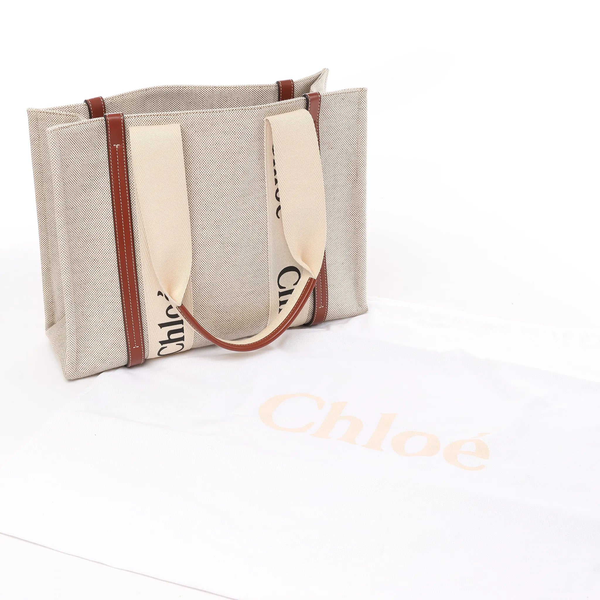 CHLOE Woody Medium Canvas x Leather Tote Shoulder bag in Beige x Brown