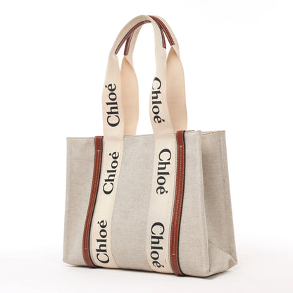 CHLOE Woody Medium Canvas & Leather Tote Shoulder bag in Brown
