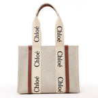 CHLOE Woody Medium Canvas x Leather Tote Shoulder bag in Beige x Brown