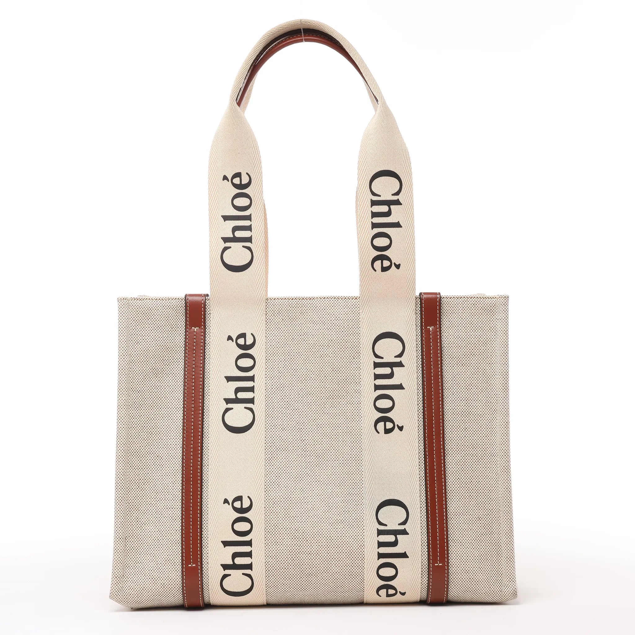 CHLOE Woody Medium Canvas x Leather Tote Shoulder bag in Beige x Brown