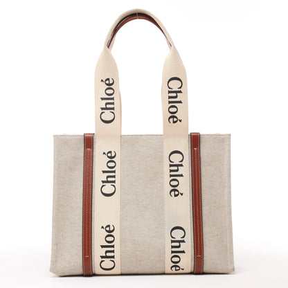 CHLOE Woody Medium Canvas & Leather Tote Shoulder bag in Brown