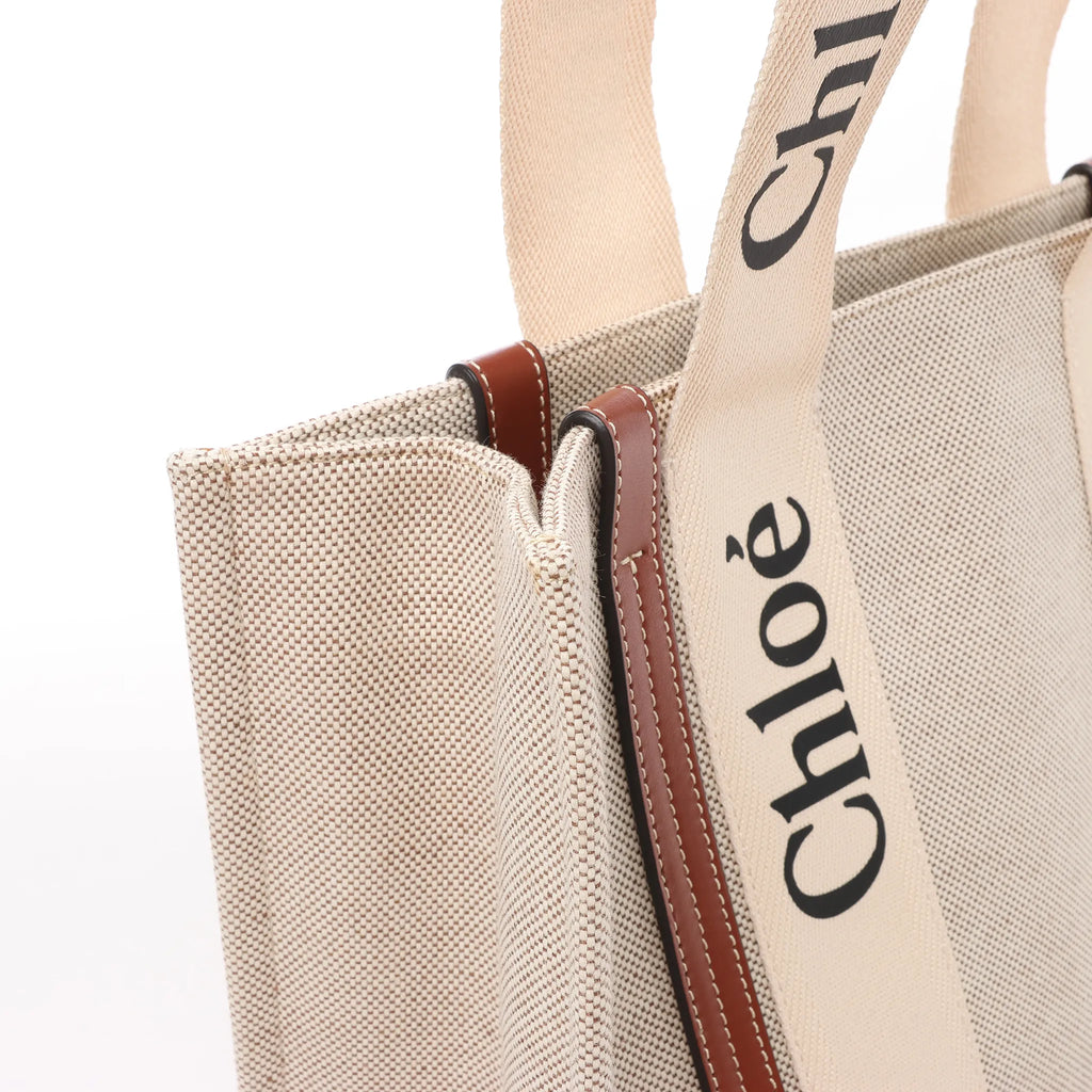 CHLOE Woody Medium Canvas x Leather Tote Shoulder bag in Beige x Brown