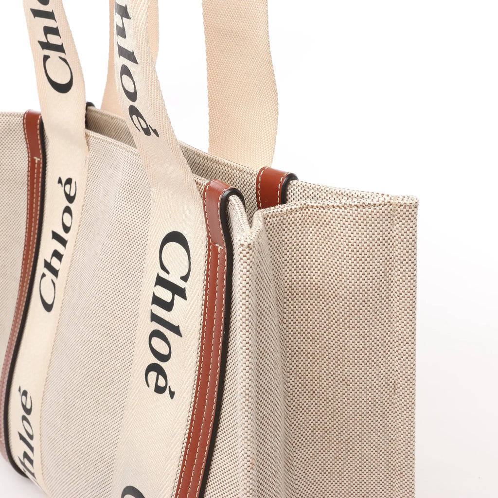 CHLOE Woody Medium Canvas x Leather Tote Shoulder bag in Beige x Brown