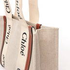 CHLOE Woody Medium Canvas x Leather Tote Shoulder bag in Beige x Brown
