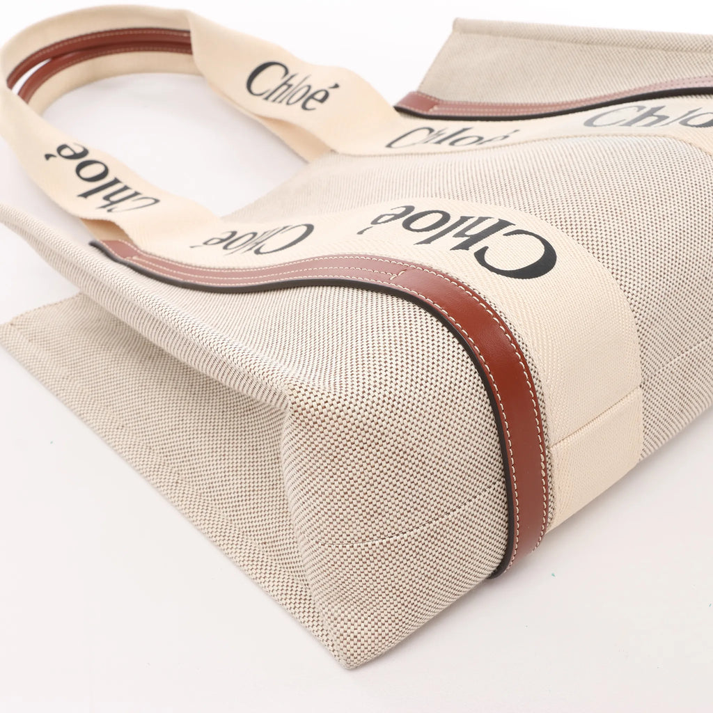 CHLOE Woody Medium Canvas x Leather Tote Shoulder bag in Beige x Brown