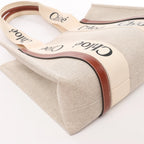 CHLOE Woody Medium Canvas x Leather Tote Shoulder bag in Beige x Brown