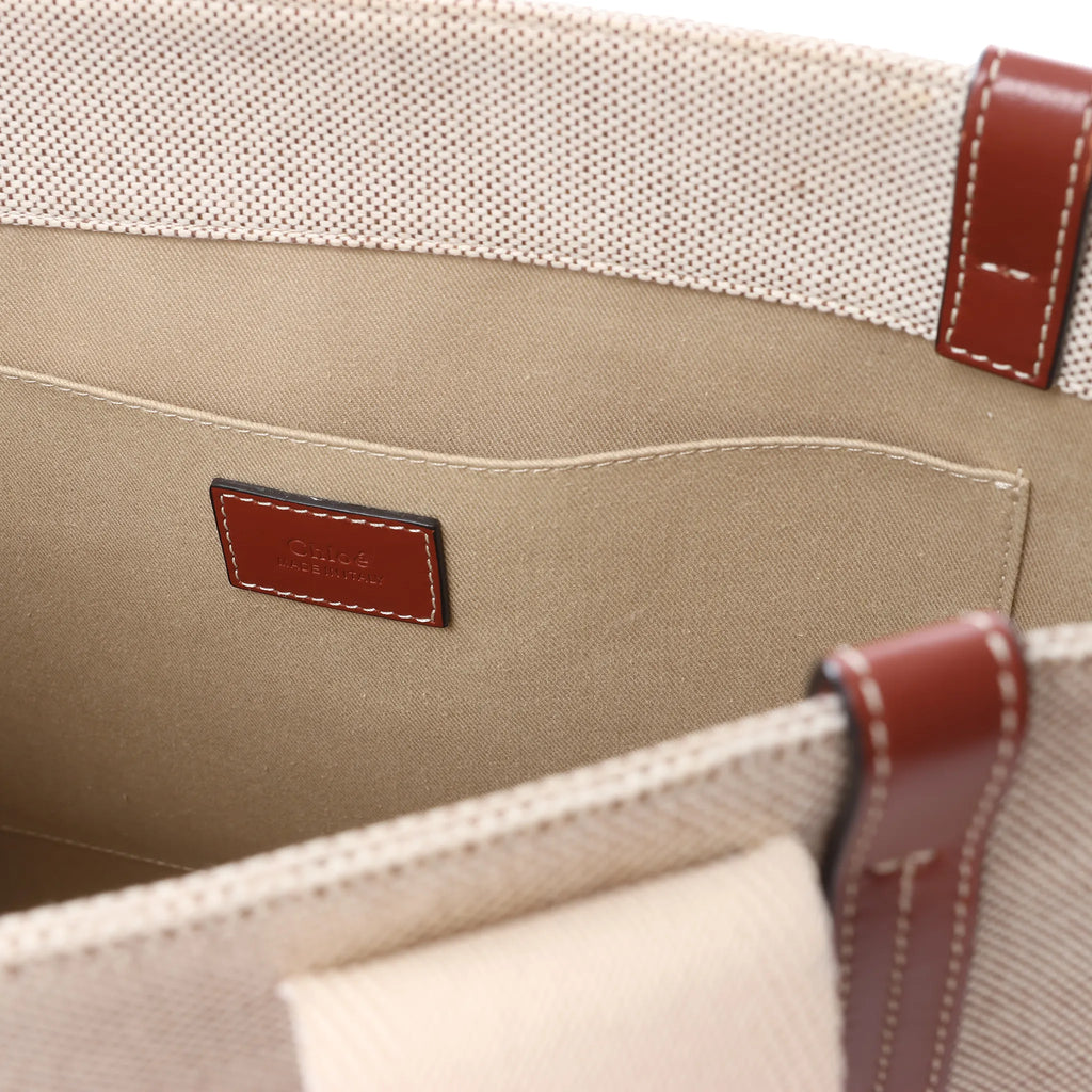 CHLOE Woody Medium Canvas x Leather Tote Shoulder bag in Beige x Brown