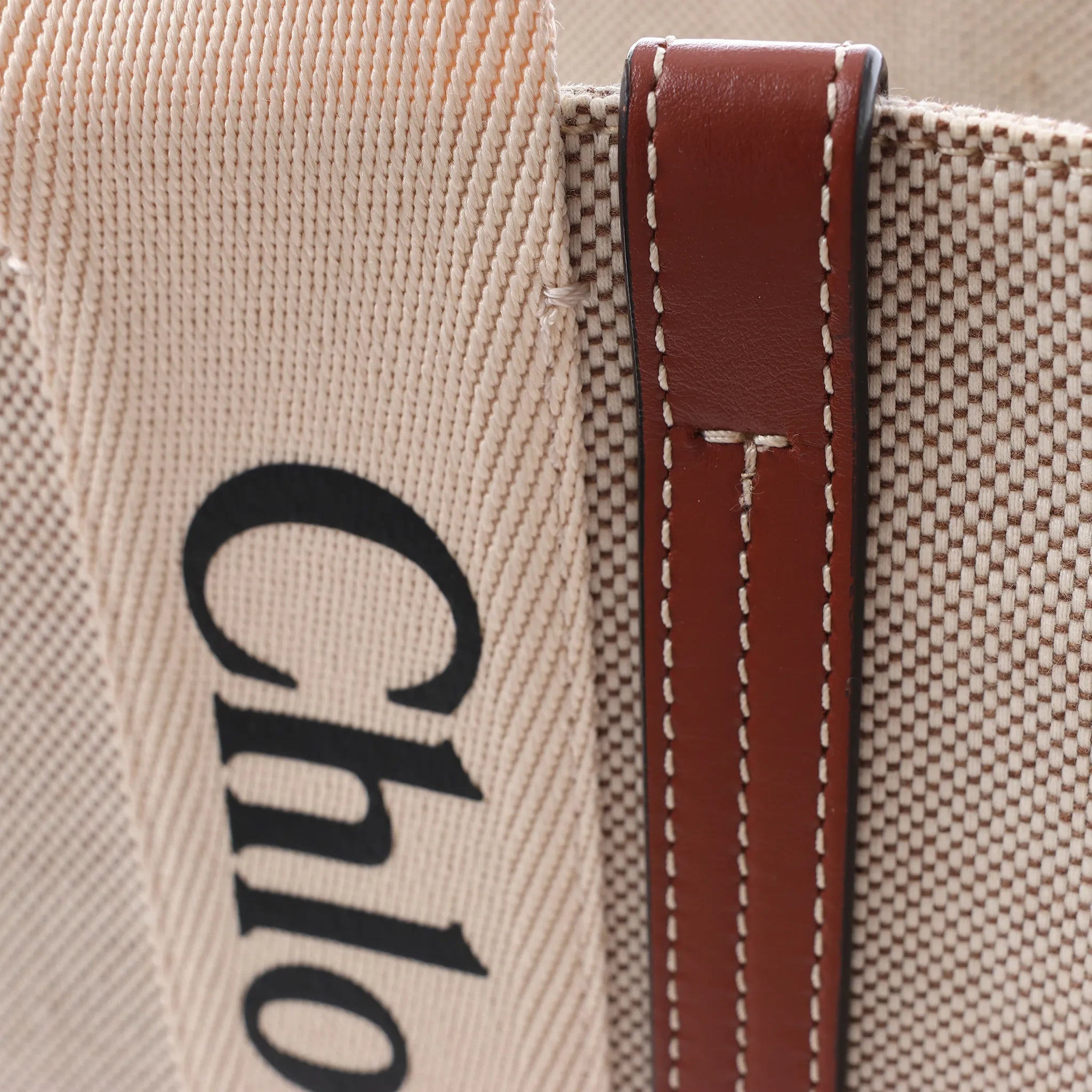 CHLOE Woody Medium Canvas x Leather Tote Shoulder bag in Beige x Brown