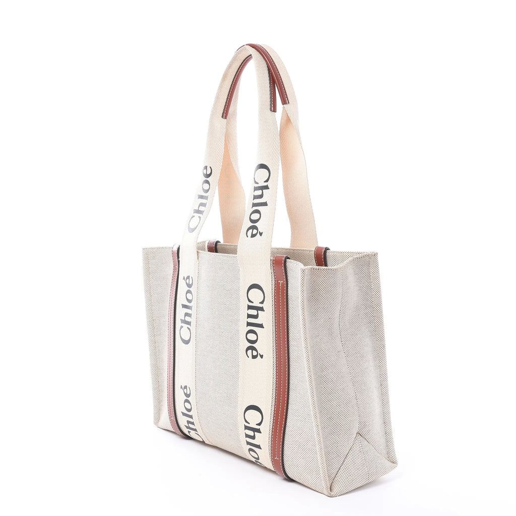 CHLOE Woody Medium Canvas x Leather Tote Shoulder bag in Beige x Brown