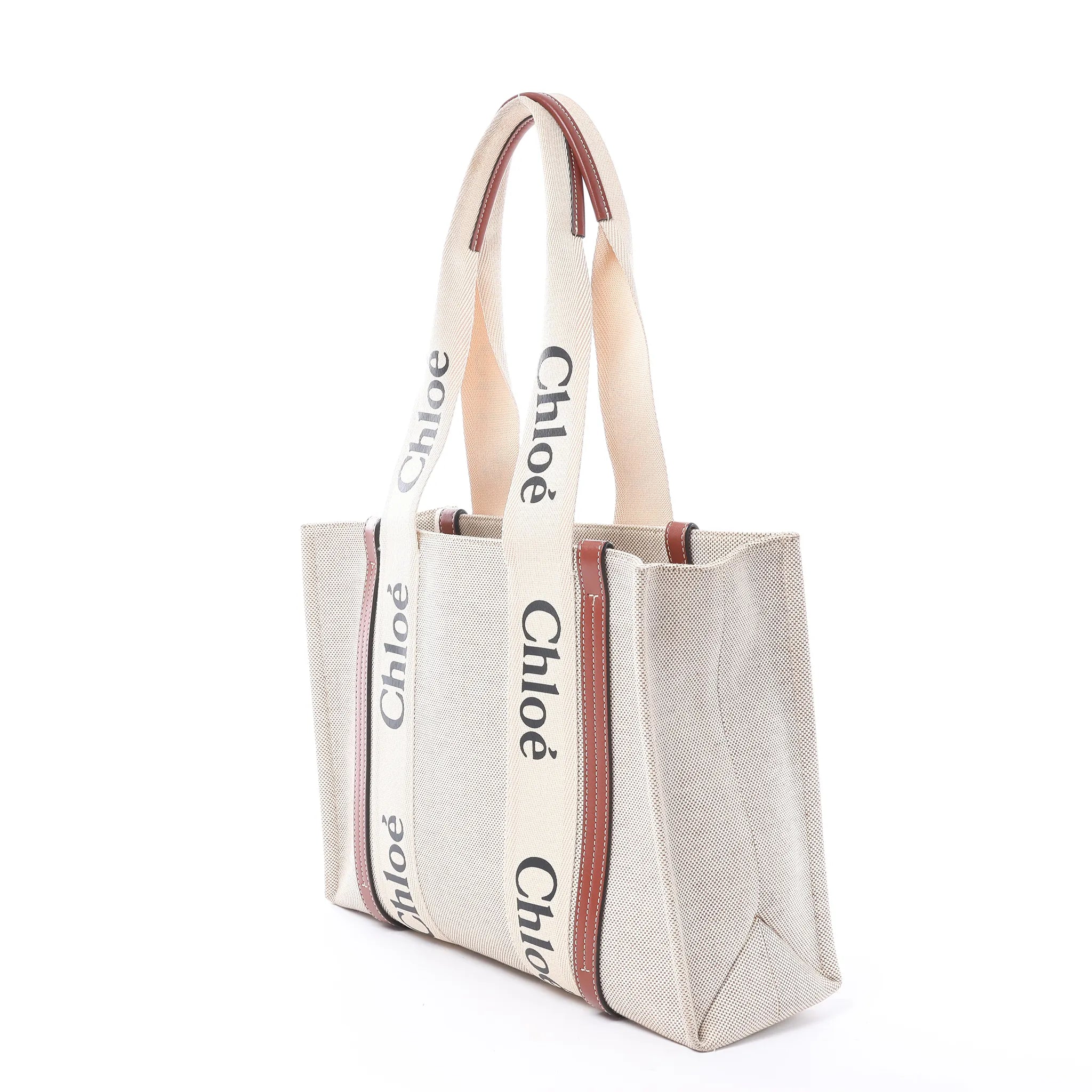 CHLOE Woody Medium Canvas x Leather Tote Shoulder bag in Beige x Brown