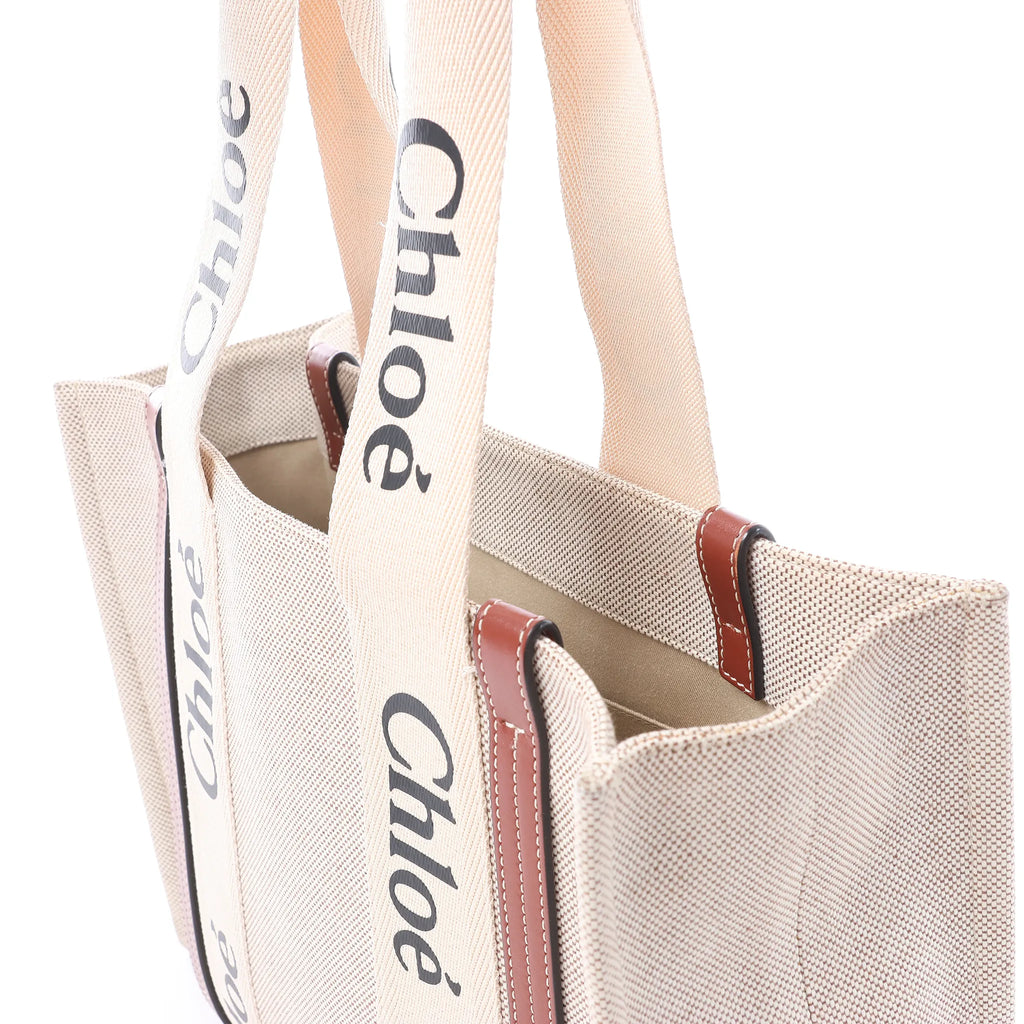 CHLOE Woody Medium Canvas x Leather Tote Shoulder bag in Beige x Brown