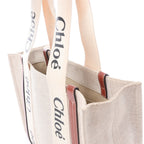 CHLOE Woody Medium Canvas x Leather Tote Shoulder bag in Beige x Brown