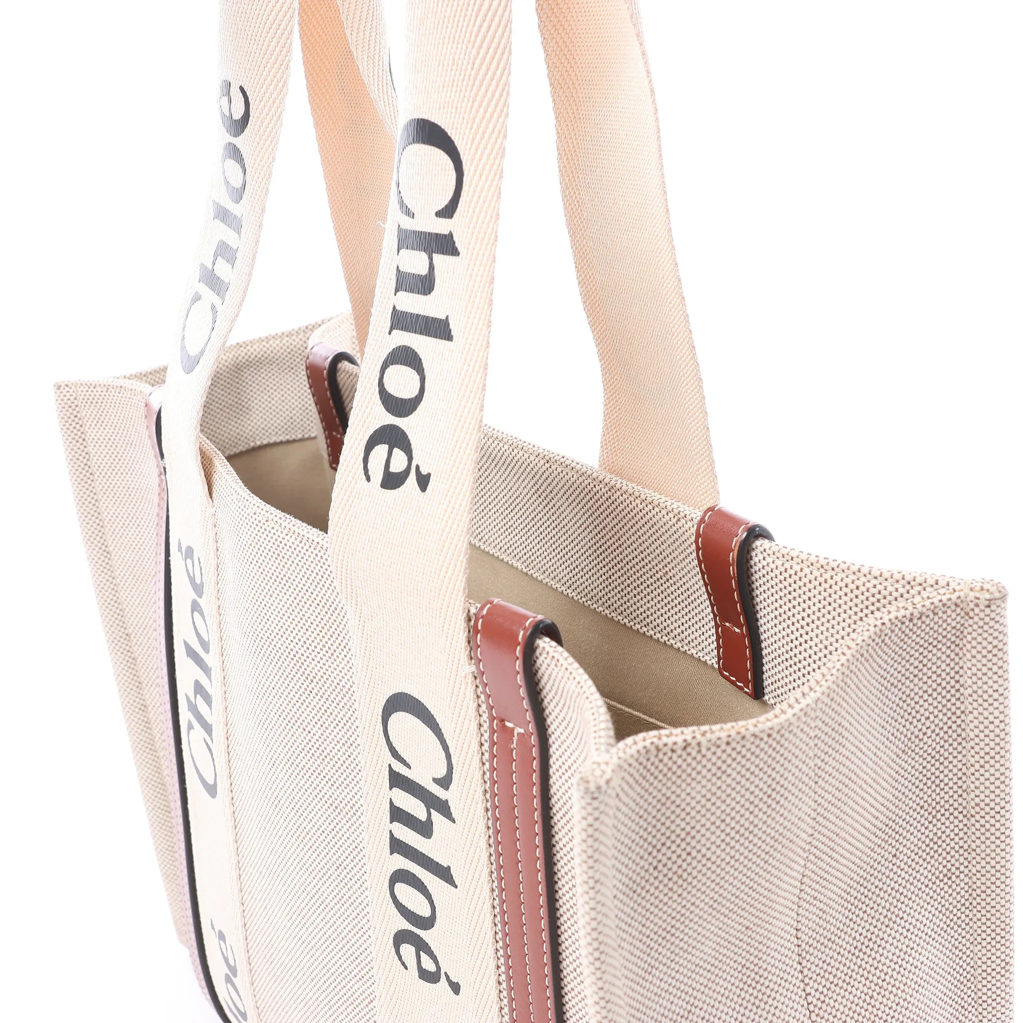 CHLOE Woody Medium Canvas x Leather Tote Shoulder bag in Beige x Brown