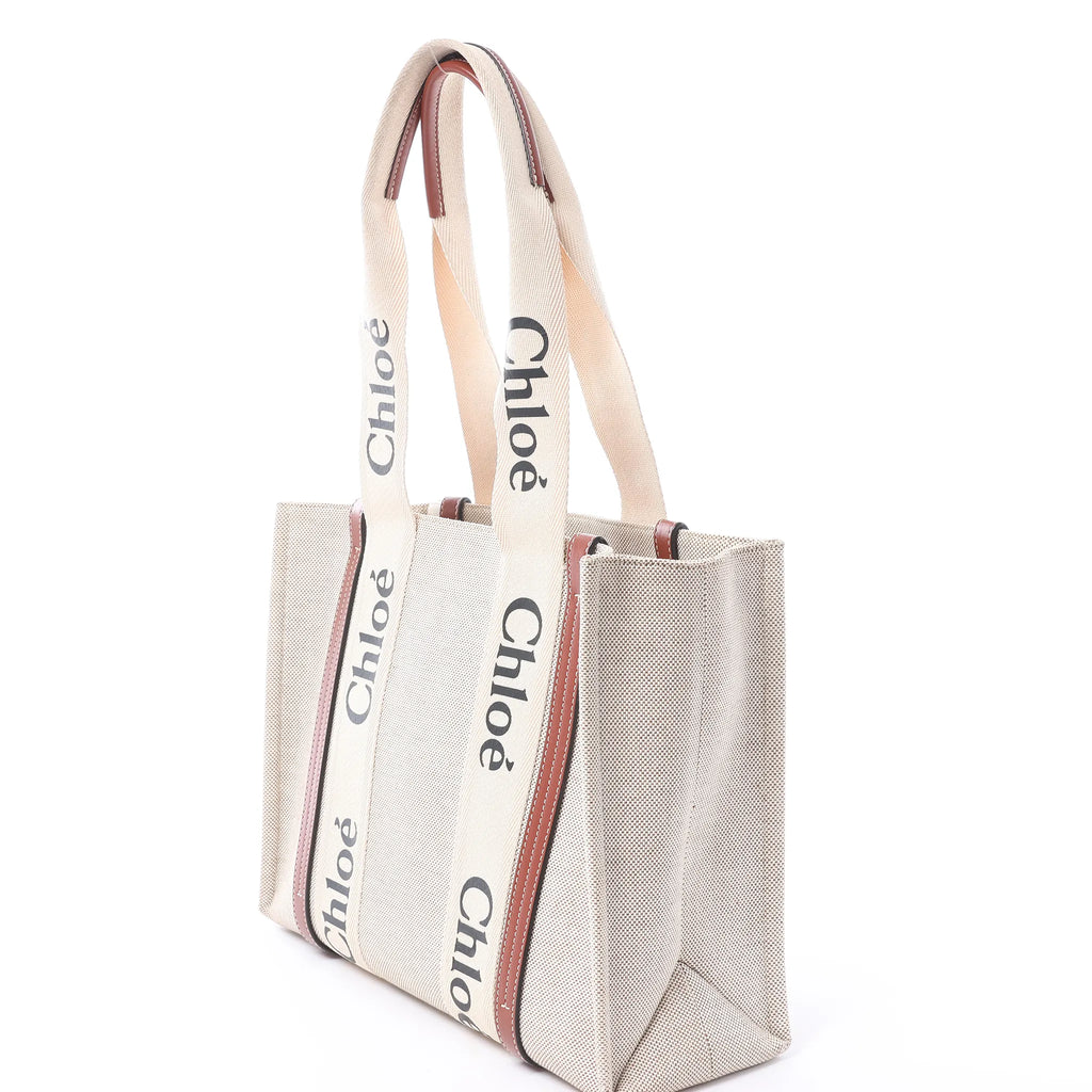 CHLOE Woody Medium Canvas x Leather Tote Shoulder bag in Beige x Brown