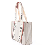 CHLOE Woody Medium Canvas x Leather Tote Shoulder bag in Beige x Brown