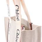 CHLOE Woody Medium Canvas x Leather Tote Shoulder bag in Beige x Brown