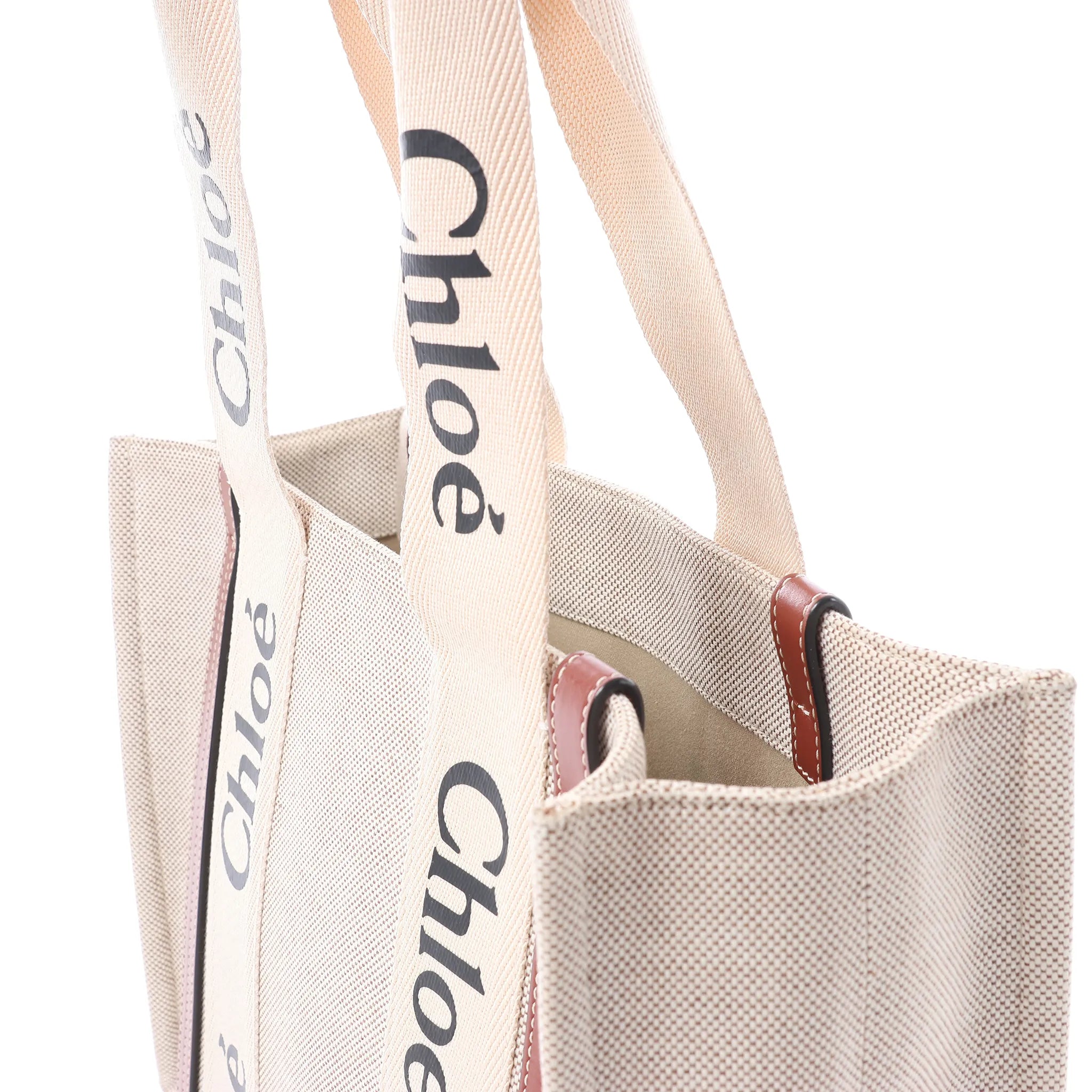 CHLOE Woody Medium Canvas x Leather Tote Shoulder bag in Beige x Brown