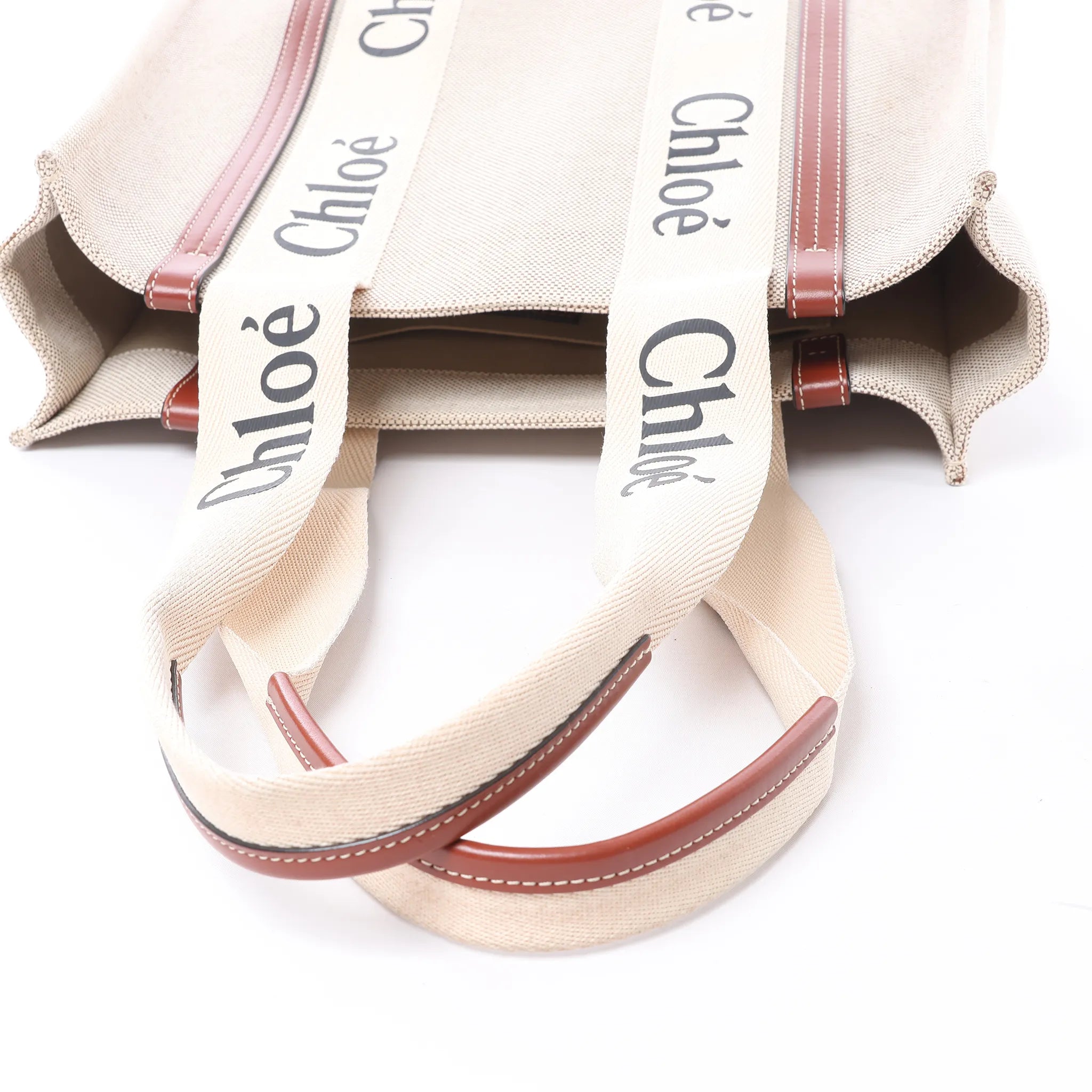 CHLOE Woody Medium Canvas x Leather Tote Shoulder bag in Beige x Brown