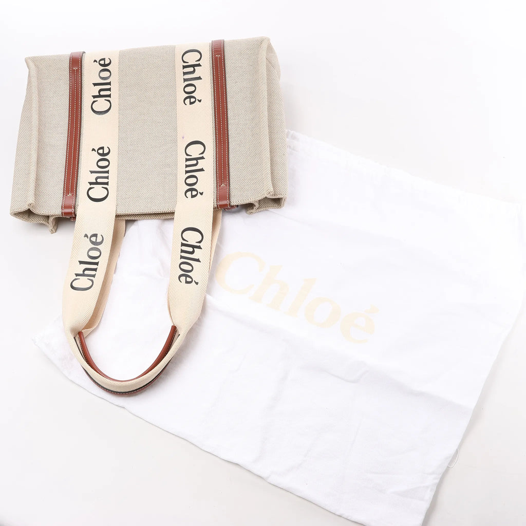 CHLOE Woody Medium Canvas & Leather Tote Shoulder bag in Brown