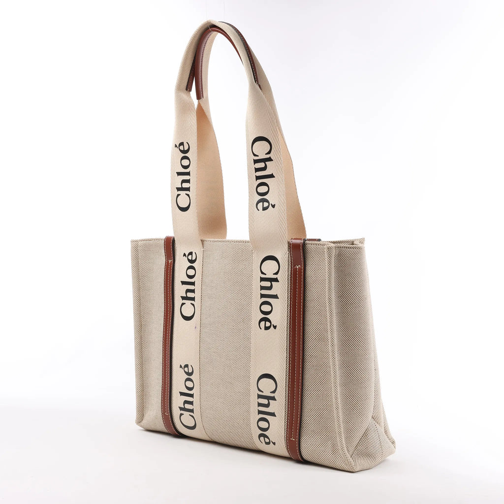 CHLOE Woody Medium Canvas & Leather Tote Shoulder bag in Brown