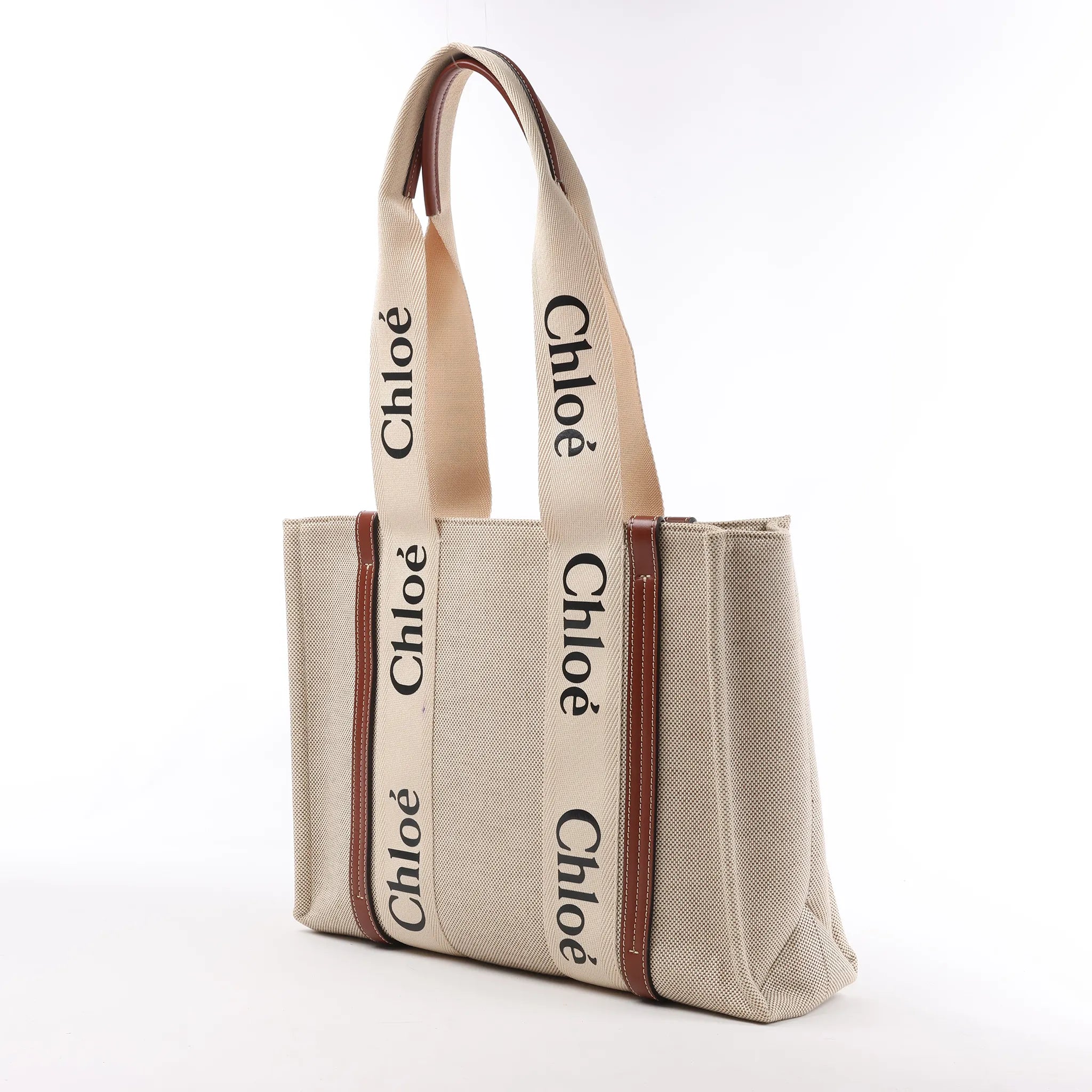 CHLOE Woody Medium Canvas & Leather Tote Shoulder bag in Brown