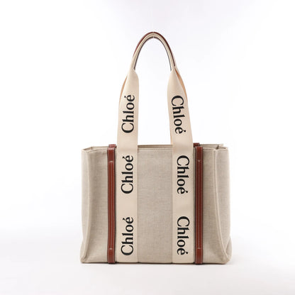 CHLOE Woody Medium Canvas & Leather Tote Shoulder bag in Brown