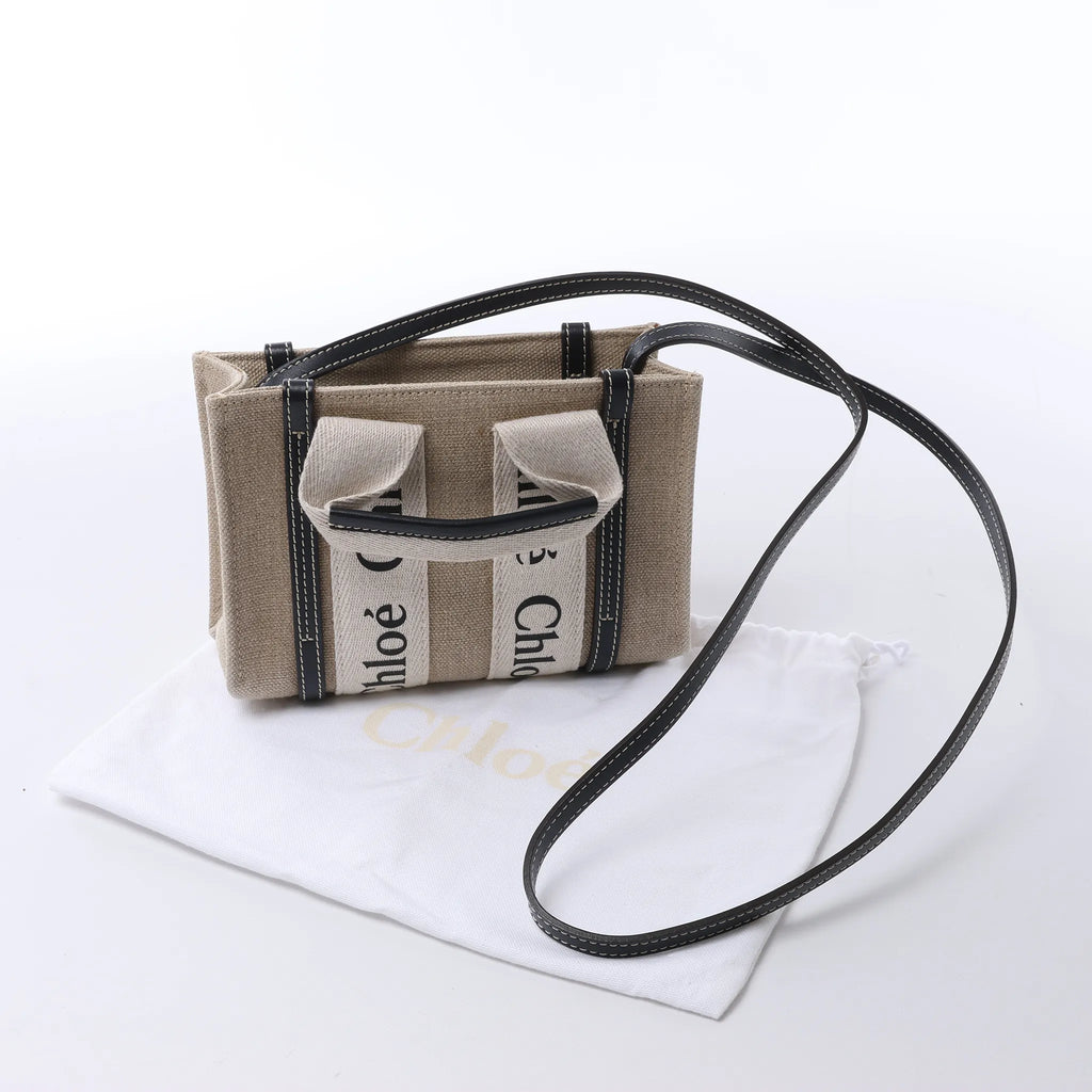Chloé Woody Mini Canvas & Leather 2Way Handbag in Beige x Black