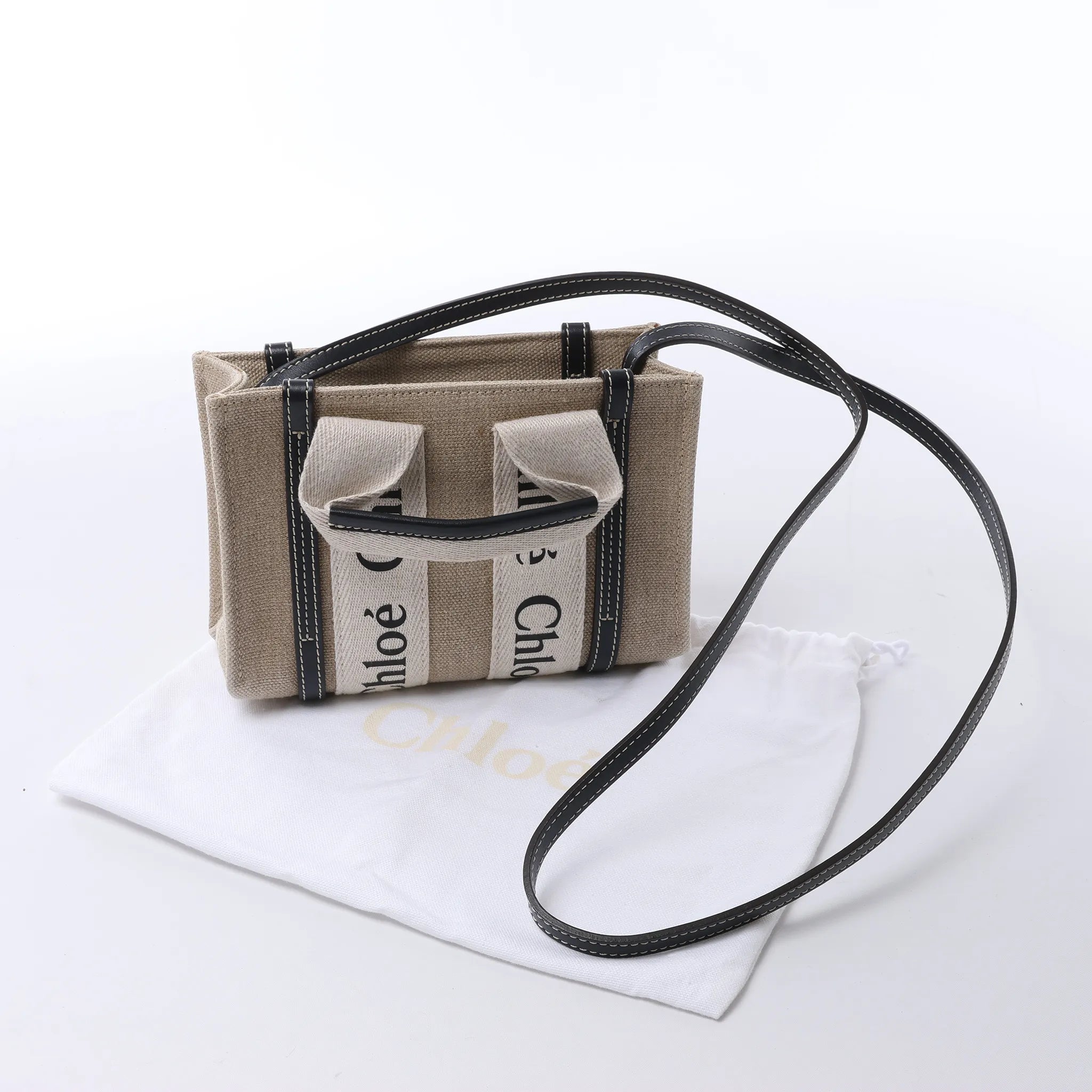 Chloé Woody Mini Canvas & Leather 2Way Handbag in Beige x Black