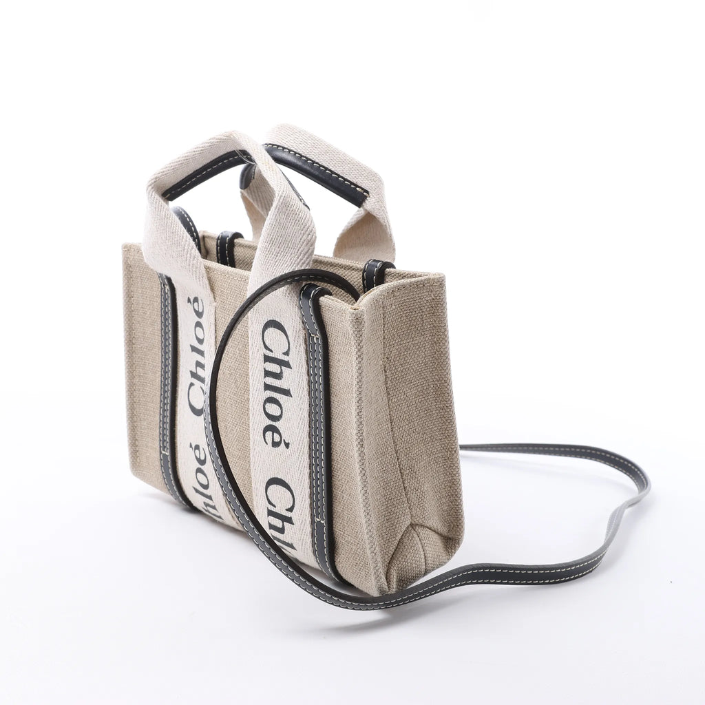 Chloé Woody Mini Canvas & Leather 2Way Handbag in Beige x Black