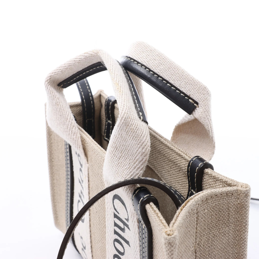 Chloé Woody Mini Canvas & Leather 2Way Handbag in Beige x Black