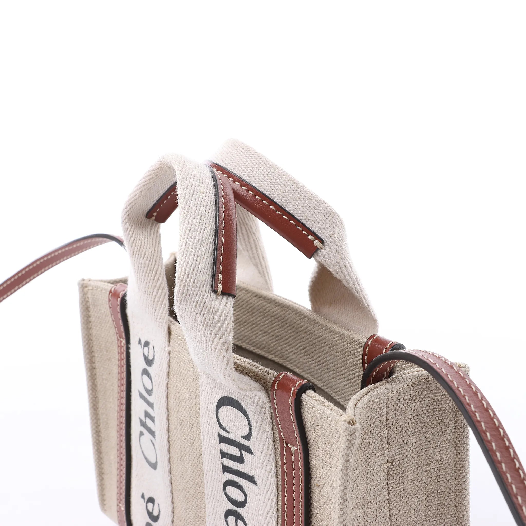 Chloé Woody Mini Canvas & Leather 2Way Handbag in Beige x Brown