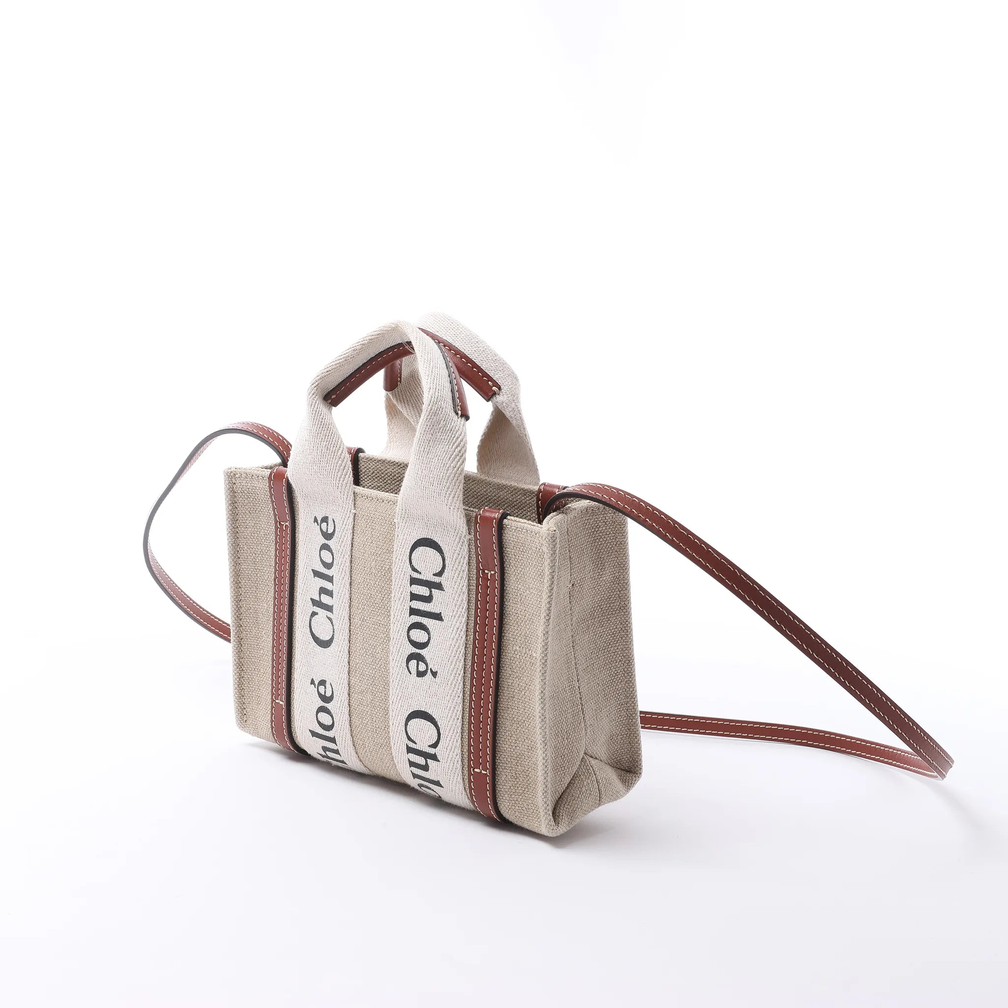Chloé Woody Mini Canvas & Leather 2Way Handbag in Beige x Brown