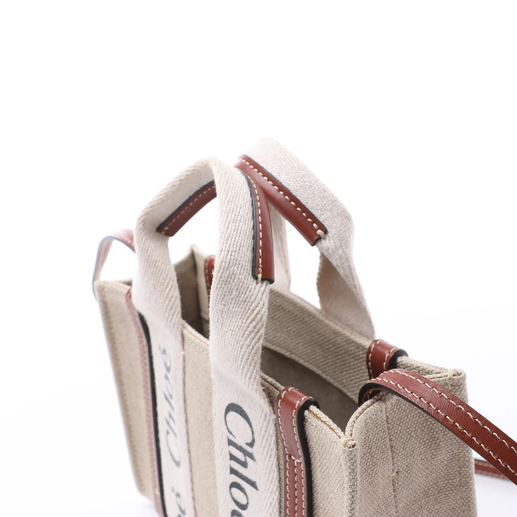 Chloé Woody Mini Canvas & Leather 2Way Handbag in Beige x Brown
