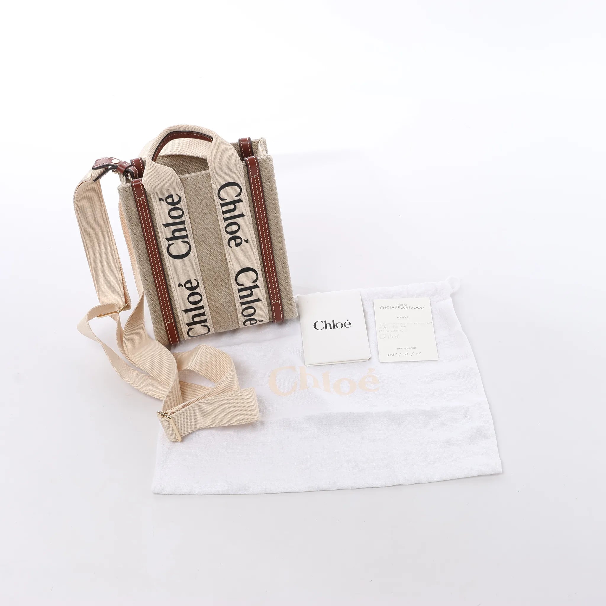 Chloé Woody North South Canvas & Leather 2Way Handbag in Beige x Brown