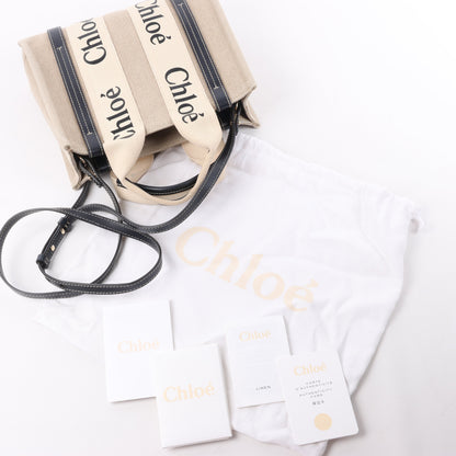 Chloé Woody Small Canvas & Leather 2Way Handbag in Beige x Black