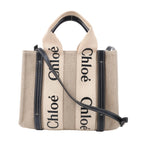 Chloé Woody Small Canvas & Leather 2Way Handbag in Beige x Black